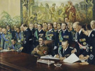 Franz Kienmayer, Hitler mit Gefolge bei der Unterzeichnung eines Bündnisses, 1940, Öl auf Holz, ...