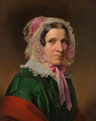Franz Eybl, Porträt einer älteren Dame mit Spitzenhaube und rosa Bändern, 1849, Öl auf Holz, 53 ...