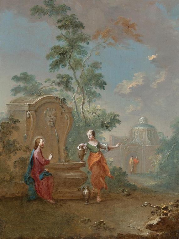 Norbert Grund, Christus und die Samariterin am Brunnen, um 1760, Öl auf Holz, 18,2 × 14,4 cm, B ...