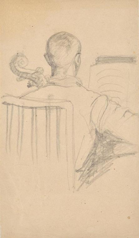 Rosa Simon-Barwig, Walter Barwig beim Chellospiel, 1924, Schwarze Kreide auf Papier, 23 × 13,5  ...