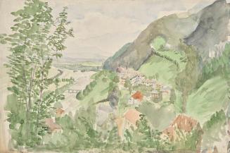 Franz Barwig, Flusslandschaft im Gebirge mit Burg, um 1910/1920, Aquarell auf Papier, 31,6 × 47 ...