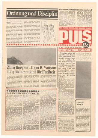 Erwin Puls, PULS – DER KLARE BLICK, DAS WAHRE WORT!, 21.4.1982, Offset-Druck auf Papier, 48,9 × ...