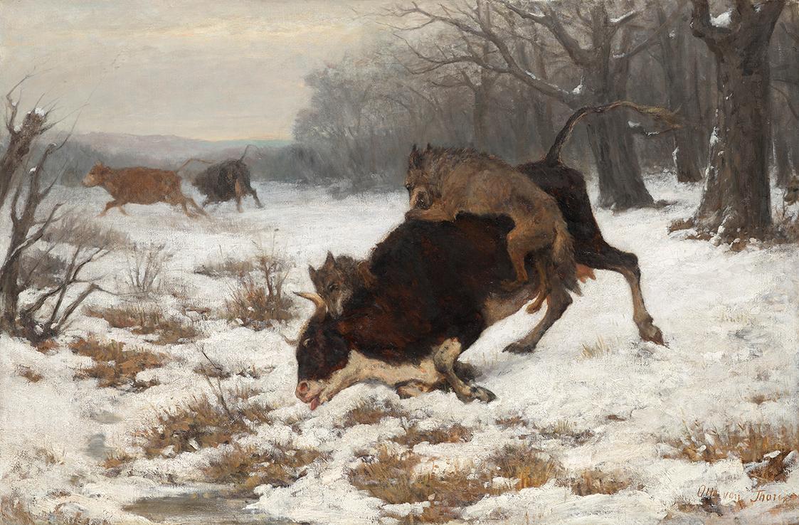 Otto von Thoren, Eine Kuh wird von Wölfen angefallen, vor 1872, Öl auf Leinwand, 69,5 × 106 cm, ...