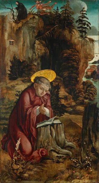 Der hl. Benedikt vor der Höhle in Subiaco, um 1510, Malerei auf Tannenholz, 79 x 43 cm, Belvede ...