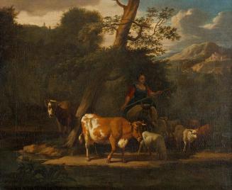 Nicolaes Pietersz. Berchem, Hirtin mit Kühen unter einem Baum, 1650/1700, Öl auf Leinwand, 35 × ...