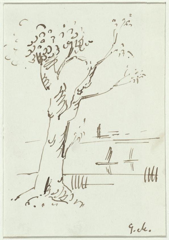 Georg Merkel, Baum mit Landschaft, undatiert, Feder auf Papier (Kuvert), 16 x 10,5 cm, Belveder ...