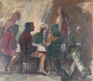 Georg Eisler, Gruppe um einen Tisch II, 1970, Öl auf Leinwand, 130 × 150 cm, Belvedere, Wien, I ...