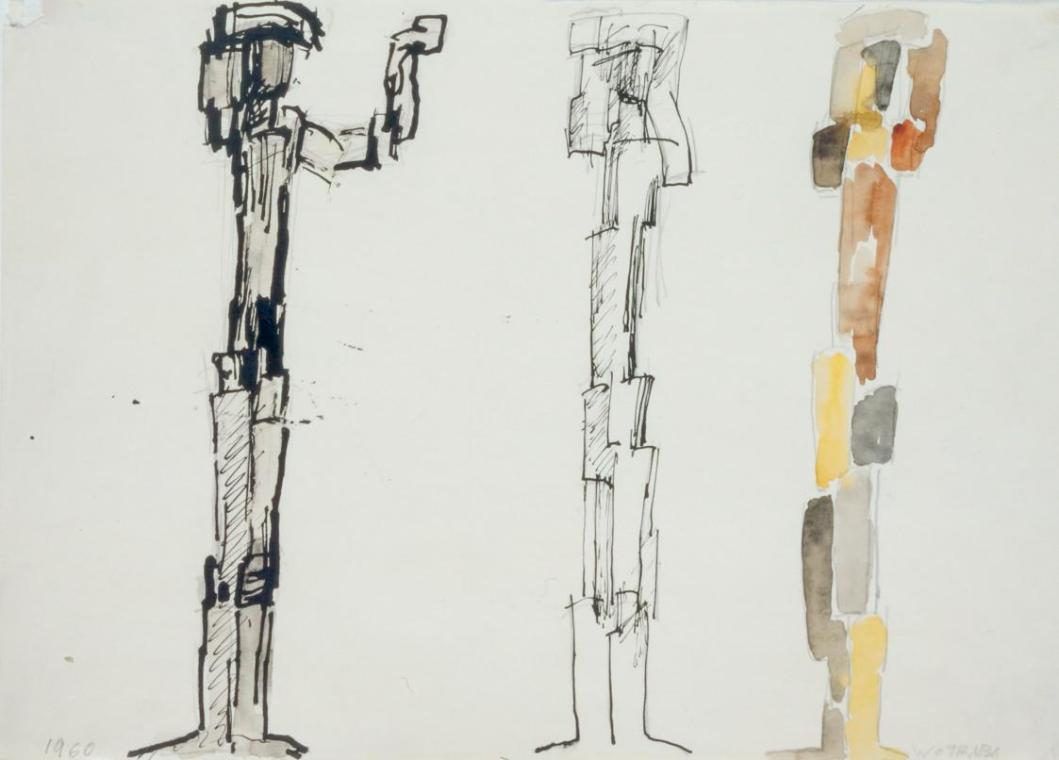 Fritz Wotruba, Drei stehende Figuren, 1960, Bleistift, Tusche, Feder, Aquarell auf Papier, Blat ...