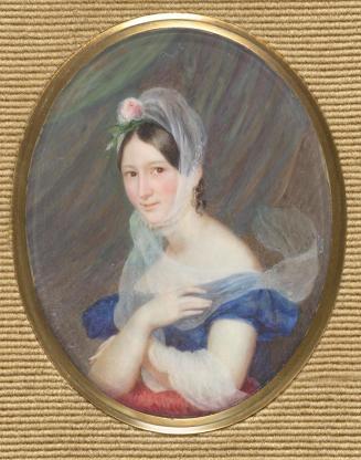 Franz Schrotzberg, BIldnis einer jungen Frau mit einer Rose im Haar, 1833, Elfenbein, 9,7 × 7,3 ...