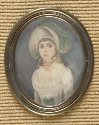 Unbekannter Künstler, Dame mit weißem Hut, 1830/1850, Elfenbein, 4,3 × 3,2 cm, Schenkung Sammlu ...