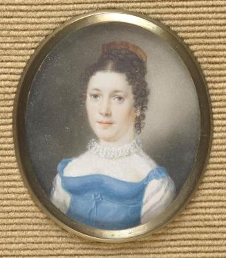 Unbekannter Künstler, Dame in blauem Empirekleid, um 1815, Elfenbein, 5,3 × 4,5 cm, Schenkung S ...