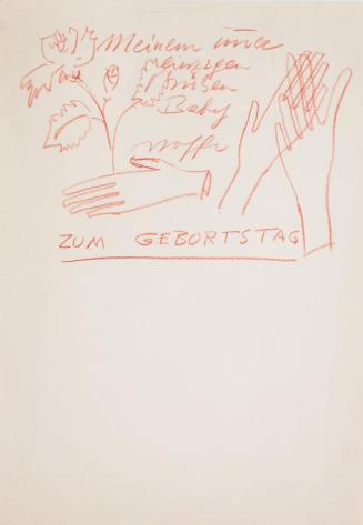 Fritz Wotruba, Glückwunschzeichnung für Lucy Wotruba, undatiert, Buntstift auf Papier, Blattmaß ...
