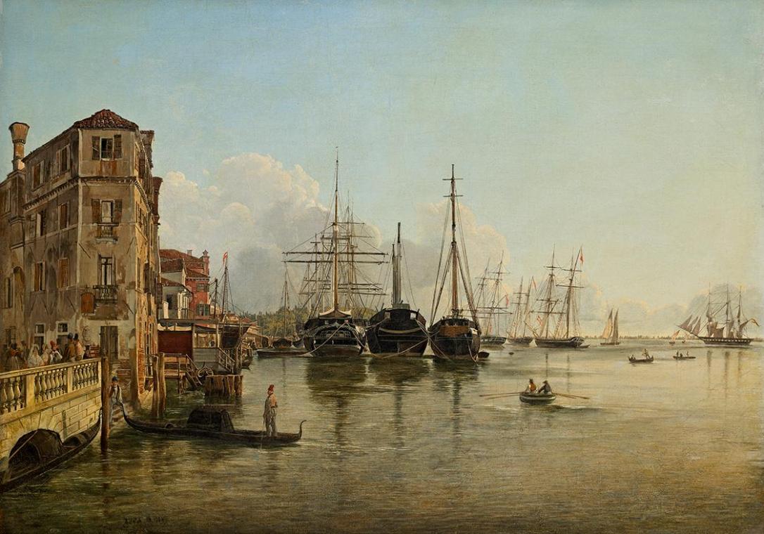 Rudolf von Alt, Aussicht von der Strada Nuova gegen die Giardini Pubblici in Venedig, 1834, Öl  ...