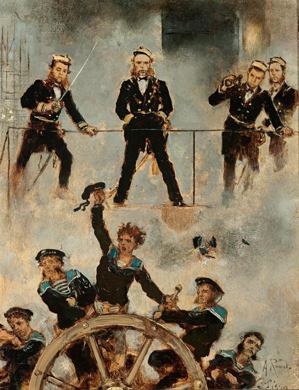 Anton Romako, Tegetthoff in der Seeschlacht bei Lissa II, um 1880/1882, Öl auf Holz, 24 x 18 cm ...