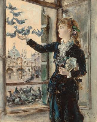 Anton Romako, Mädchen an einem Fenster zum Markusplatz, Tauben fütternd, um 1875, Öl auf Holz,  ...