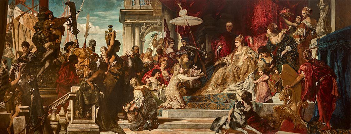 Hans Makart, Venedig huldigt Caterina Cornaro, 1872–1873, Öl auf Leinwand, 400 x 1060 cm, Belve ...