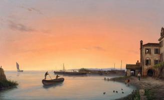 Giuseppe Canella, Chioggia vor Sonnenaufgang, 1838, Öl auf Leinwand, 55 × 90,5 cm, Belvedere, W ...