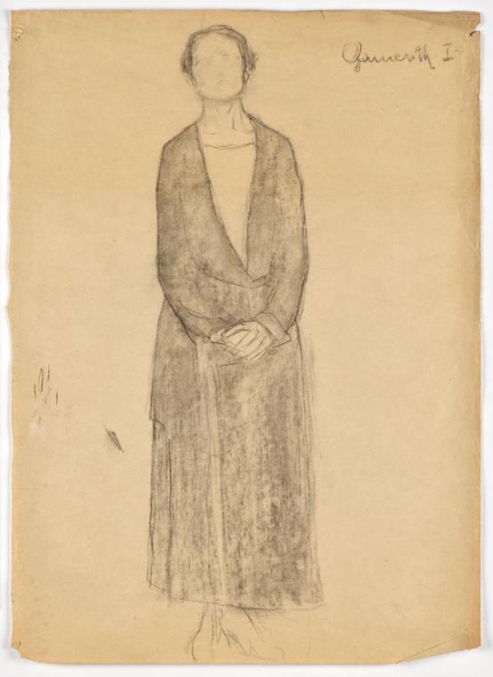 Walther Gamerith, Bildnis einer Dame (ganzfigurig), undatiert, Kohle auf Papier, 63 × 46 cm, Be ...