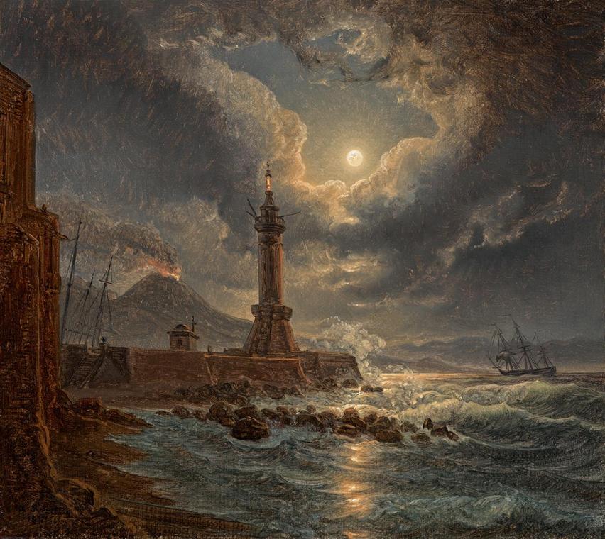 Joseph Rebell, Leuchtturm im Hafen von Neapel bei Mondschein, 1827, Öl auf Leinwand, 21,5 x 23, ...
