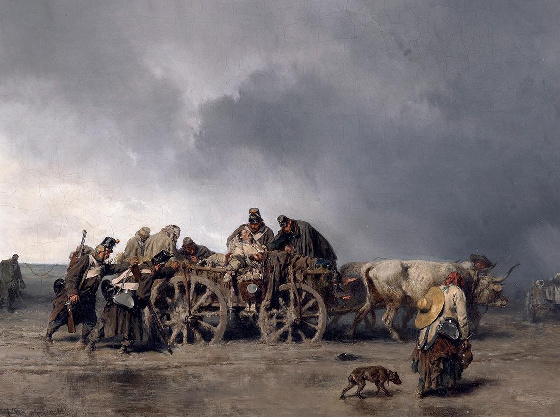 August von Pettenkofen, Der Verwundetentransport I, 1853, Öl auf Holz, 27 x 36 cm, Belvedere, W ...