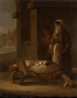Unbekannter Künstler, Krankentransport auf Schubkarre, 1670/1720 (?), Öl auf Eichenholz, 26,7 × ...