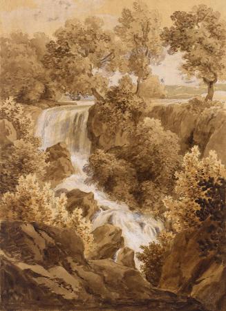 Landschaft mit Wasserfall, um 1810, Sepia auf Papier, Blattmaße: 33 × 24,3 cm, Belvedere, Wien, ...