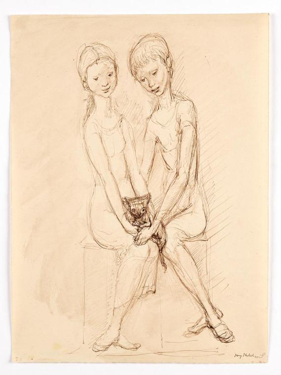 Georg Ehrlich, Zwei Kinder mit Katze, 1959, Papier, 30,8 x 22,5 cm, Belvedere, Wien, Inv.-Nr. 1 ...