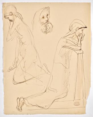 Georg Ehrlich, Skizzen betender Frauen, 1964, Tusche in braun auf Papier, Blattmaße: 30,7 × 24, ...