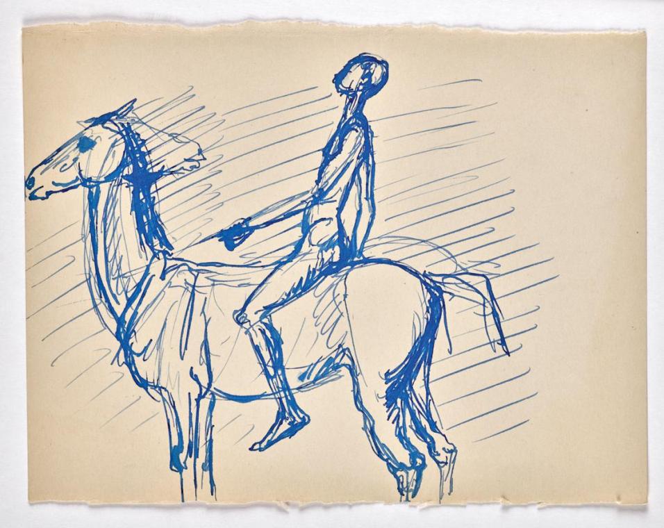 Georg Ehrlich, Knabe auf Pferd, undatiert, Tusche in blau auf Papier, Blattmaße: 14,3 × 18,5 cm ...