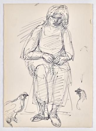 Georg Ehrlich, Sitzende Frau, Hühner fütternd, undatiert, Kugelschreiber auf Papier, Blattmaße: ...