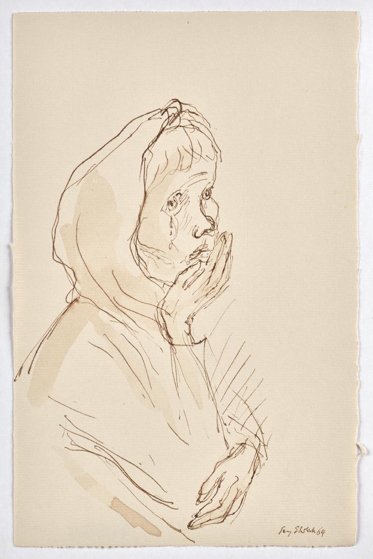 Georg Ehrlich, Weinende Frau, 1964, Tusche in braun, laviert, auf Papier, Blattmaße: 24,4 × 15, ...
