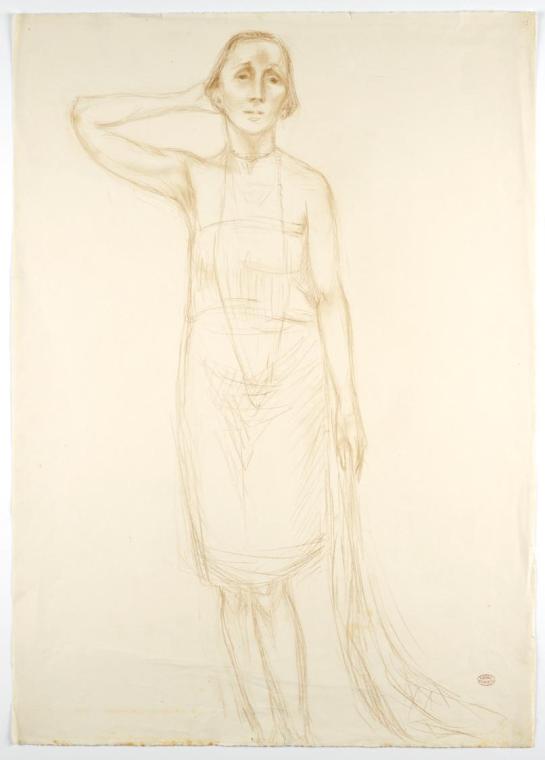 Georg Ehrlich, Damenbildnis stehend, undatiert, Braune Kreide auf Papier, Blattmaße: 70,3 × 50  ...