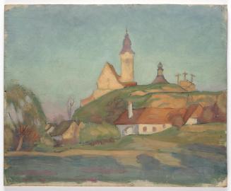 Walther Gamerith, Landschaft mit Kirche, vor 1949, Öl auf Sperrholz, 37,5 × 46 cm, Belvedere, W ...