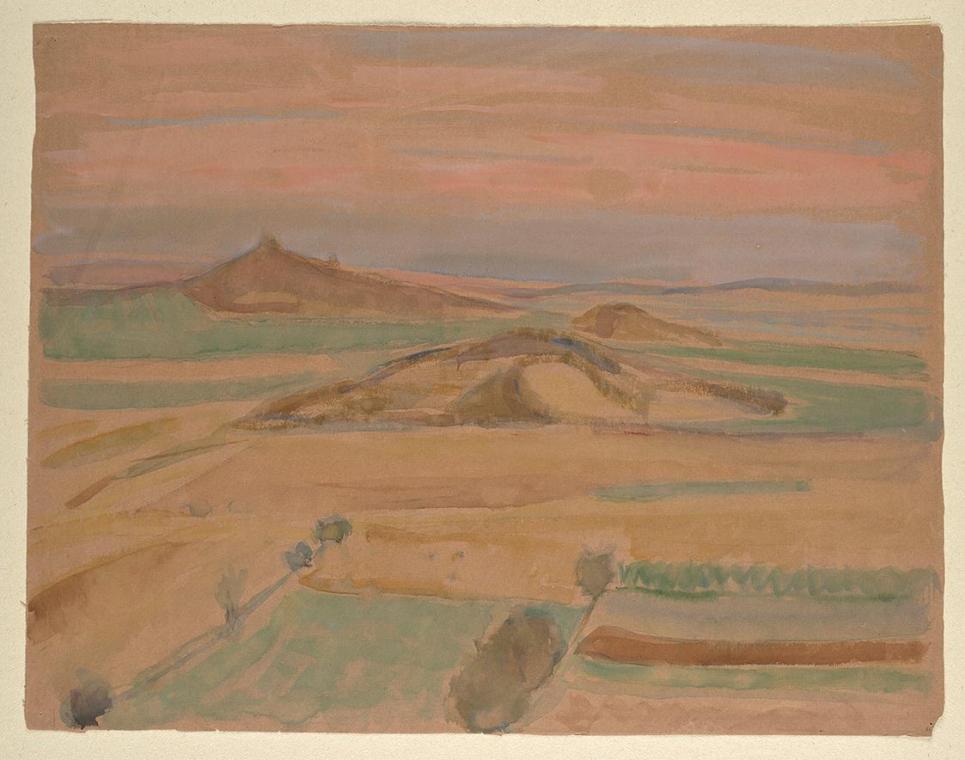 Walther Gamerith, Hügelige Landschaft, undatiert, Aquarell auf braunem Naturpapier, 40 x 51,5 c ...