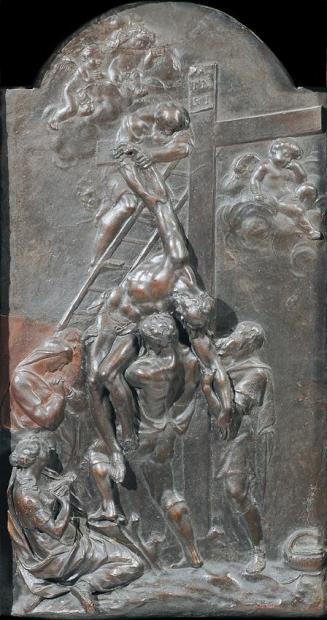 Georg Raphael Donner, Kreuzabnahme, um 1735, Rotes Wachs, bronzefarben bemalt, Oben bogenförmig ...