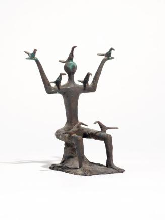 Hannes Haslecker, Knabe mit Vögeln, um 1965, Bronze, 19 × 15,5 × 12 cm, Artothek des Bundes, Da ...