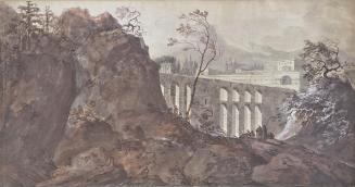 Charles de Thomas, Landschaft mit Viadukt, 1795, Kohlestift und Aquarell auf Papier, 39,8 × 75, ...