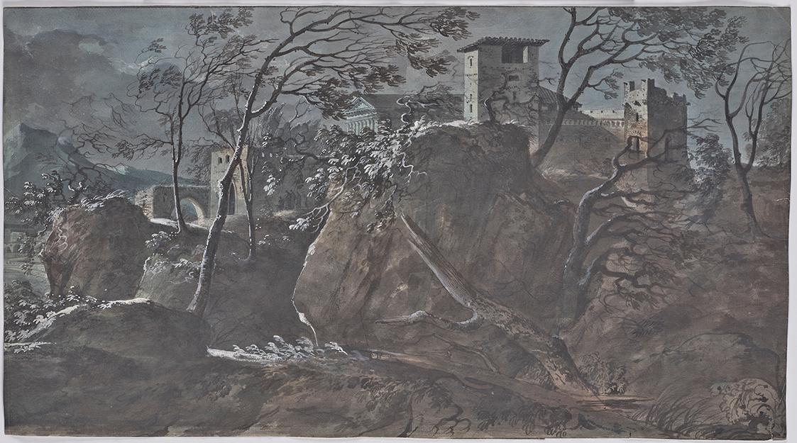 Charles de Thomas, Antike Flusslandschaft, 1795, Aquarell auf Papier, 41,2 × 75,2 cm, Belvedere ...