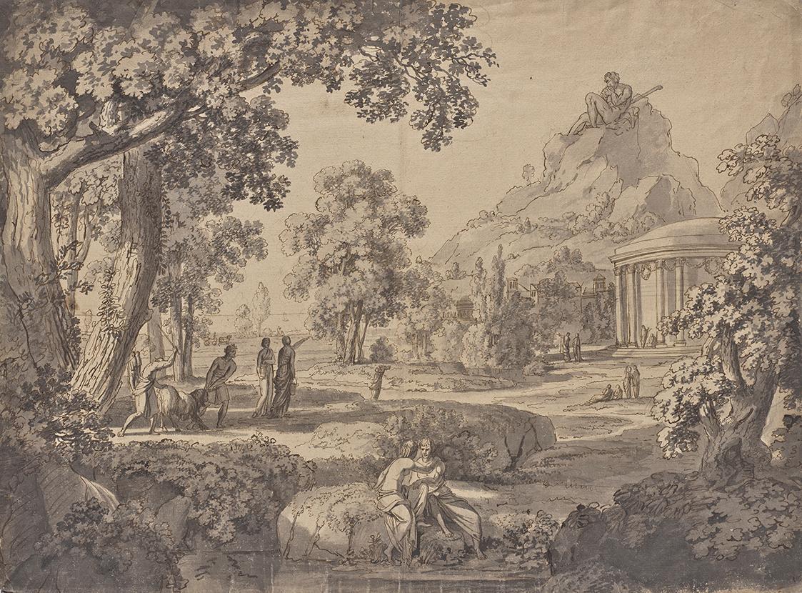 Johann Nepomuk Schödlberger, Klassische Landschaft mit einem Tempel, auf einem Berg ein Riese,  ...