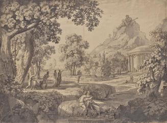 Johann Nepomuk Schödlberger, Klassische Landschaft mit einem Tempel, auf einem Berg ein Riese,  ...