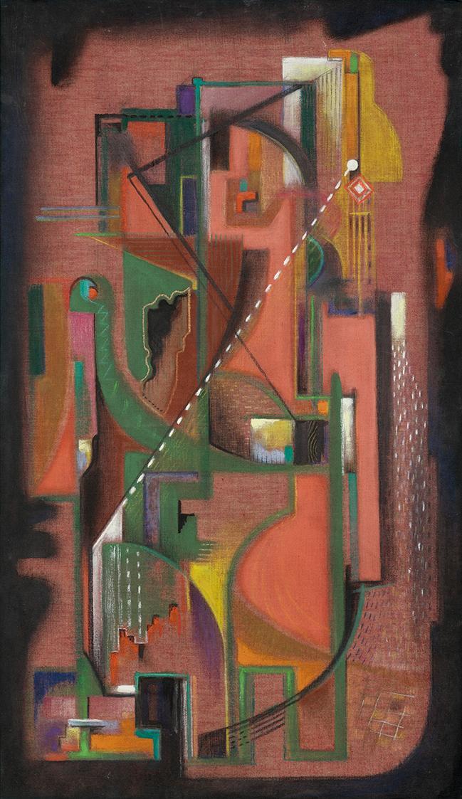 Karl Prantl, Auflehnung, vor 1954, Öl, Stoff auf Holzfaserplatte, 77 x 45 cm, Artothek des Bund ...