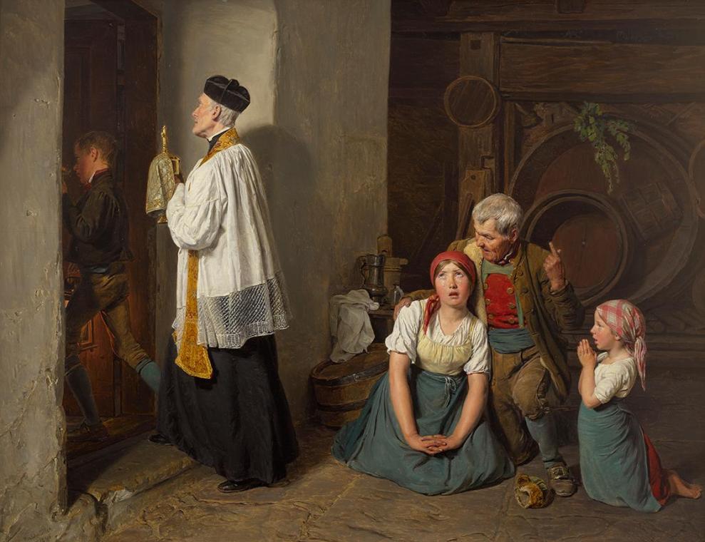 Ferdinand Georg Waldmüller, Die letzte Ölung, 1846, Öl auf Holzplatte, 46,5 × 60,5 cm, Belveder ...