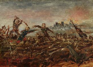 Anton Romako, Totentanz auf dem Schlachtfeld vor brennenden Ruinen, um 1882/1885, Öl auf Holz,  ...
