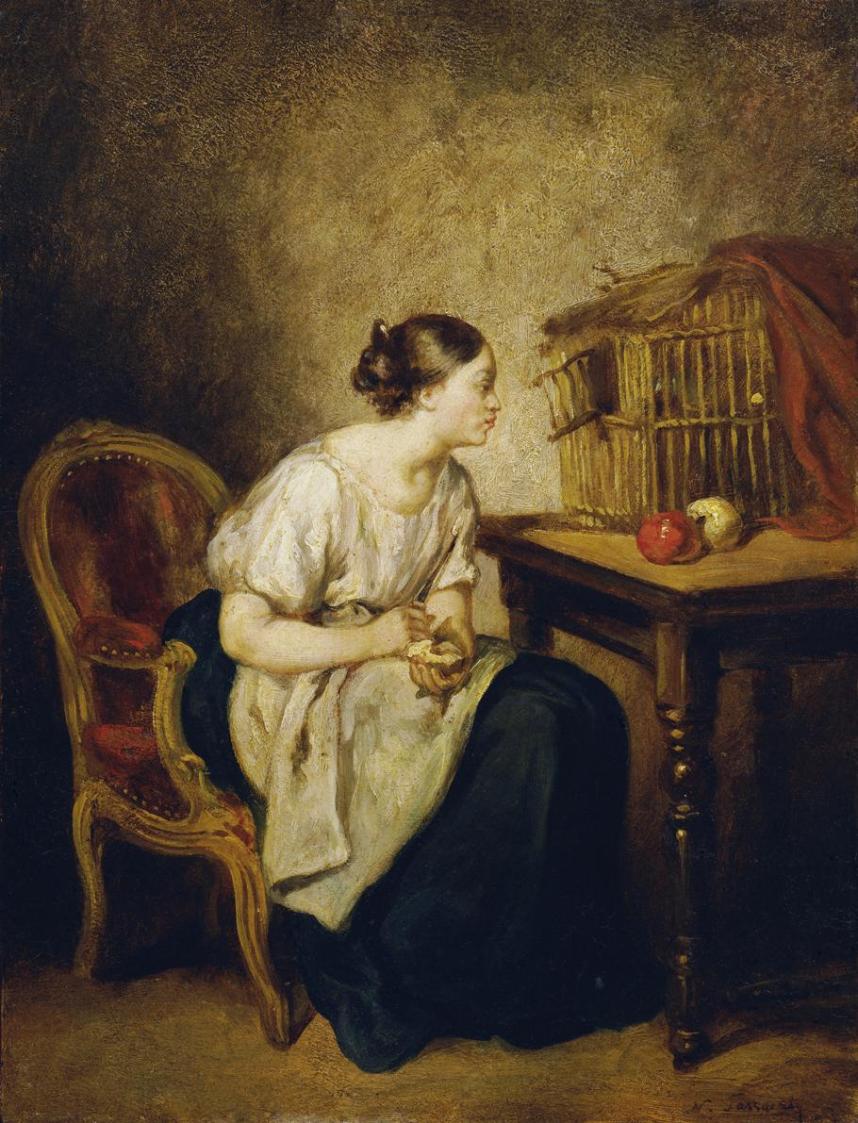 Octave Nicolas Francois Tassaert, Junge Frau mit Vogelkäfig, um 1850, Öl auf Holz, 23 x 18 cm,  ...