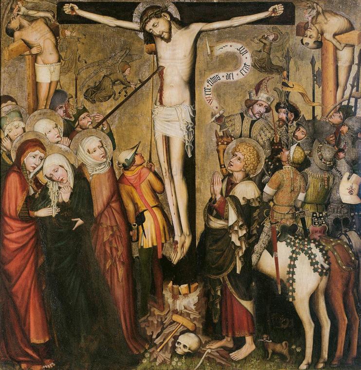 Tiroler Maler, Kreuzigung Christi ("Wiltener Kreuzigung"), um 1435, Malerei auf Fichtenholz, 13 ...