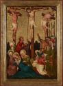 Meister der St. Lambrechter Votivtafel, Kreuzigung Christi, Wien, um 1430, Malerei auf Nadelhol ...