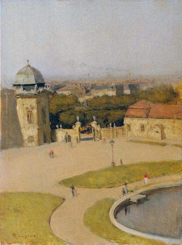 Franz Rumpler, Blick von Südwest auf das Obere Belvedere, Öl auf Holz, 24 x 17,8 cm, Belvedere, ...