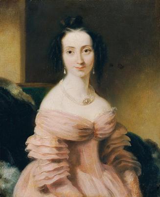 Unbekannter Künstler, Dame in weinrotem Kleid, um 1830, Öl auf Papier (?) Leinwand, 31 x 25,5 c ...
