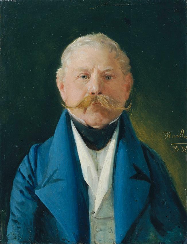 Johann Baptist Reiter, Herr in blauem Rock und weißer Weste, 1838, Öl auf Holz, 21,3 x 16,3 cm, ...