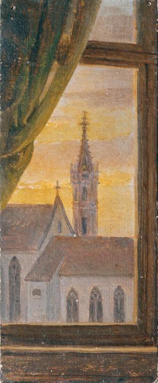 Johann Peter Krafft, Blick durch ein Fenster auf einen gotischen Kirchturm, 1854-1856, Öl auf P ...
